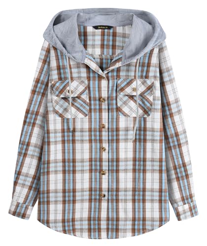 Derbars Womens Flannel Hoodie Shirts Long Sleeve Plaid Jacket Casual Cotton Button Down Shirt for Women Light Blue Medium