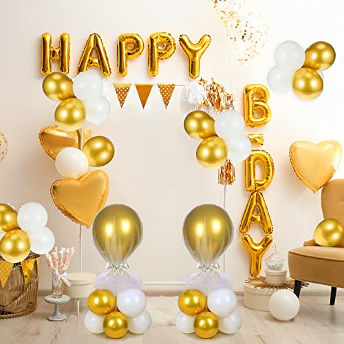 Image of BBTO 8 Set Gold and White Table Centerpieces Balloons Stand Kit, Latex Balloons and Table Stand Holder with Base Tulle for Wedding Birthday Grad Prom Centerpieces Party Back to School Baby Shower