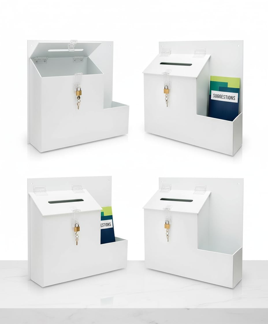 Pack of 4 -Deflecto® White Suggestion Box (140 x 13mm drop slot) with bult in 105mm wide Leaflet Holder - 355 x 360 x 90mm- Includes wall fixings, Lock and 2 keys — image 1