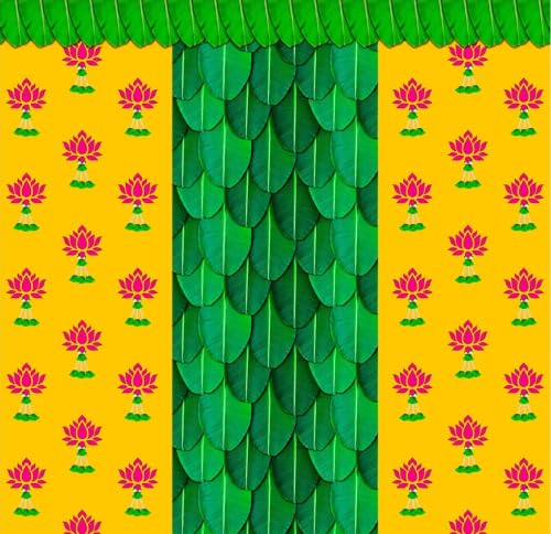 Image of Banana Leaf Backdrop | Traditional Pooja Cloth Featuring Yellow Side Borders, Pink Lotuses, and Green Leaves Design Decoration Backdrop | varalakshmi puja Decoration Cloths 5x5 Feet