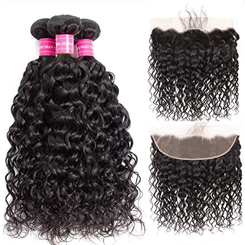 Brazilian Water Wave Bundles with Frontal 100% Virgin Human Hair Wet and Wavy 3 Bundles With Frontal Lace Closure Unprocessed 10A Hair Bundles with 13×4 Ear to Ear Frontal Natural Color（20 22 24+18）