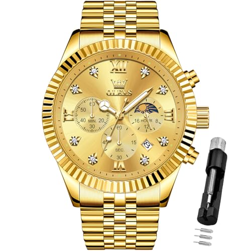 Image of OLEVS Mens Watches Chronograph Luxury Dress Moon Phase Quartz Stainless Steel Waterproof Luminous Business Calendar Wrist Watch