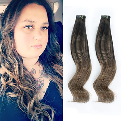 ABH AmazingBeauty Hair Sun-kissed Remy Tape in Hair Extensions Balayage Invisible Double Sided Real Remy Human Hair Skin Weft, Chestnut Brown with Darkest Brown B2-6, 100g 40pcs,18 Inch