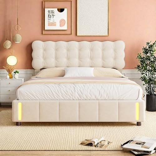 Générique Lit Coffre 140x190 avec LED & Système Hydraulique, Cadre de Lit avec Rangement Spacieux & Sommier à Lattes, Beige Velours Lits Capitonné pour...