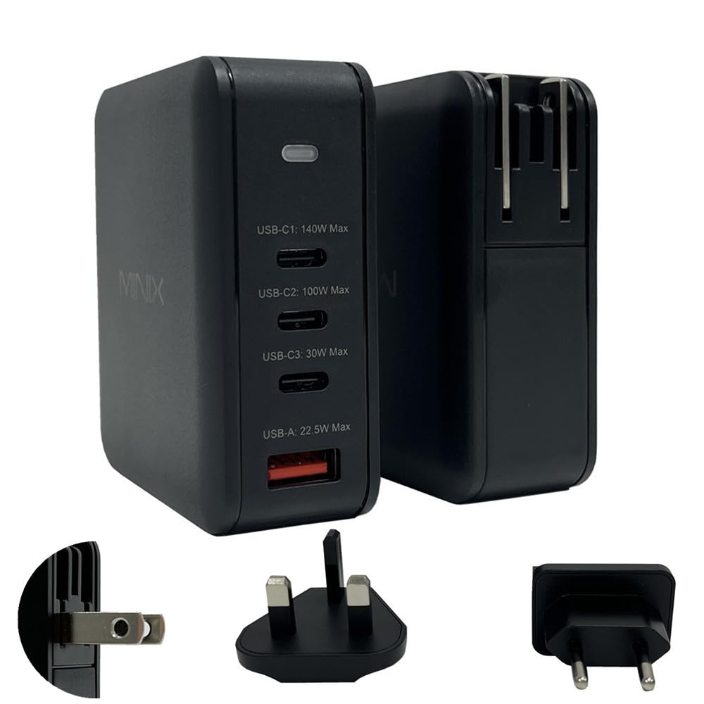 MINIX P165 Caricatore da muro a 4 porte 165W Turbo, con 3 porte USB-C, 1xUSB-C1 PD3.1 (140W) 1xUSB-C2 3.0 (100W) 1 x USB-C3 3.0 (30W) + 1 x USB- A 22,5W Ricarica rapida per laptop, tablet, smartphone
