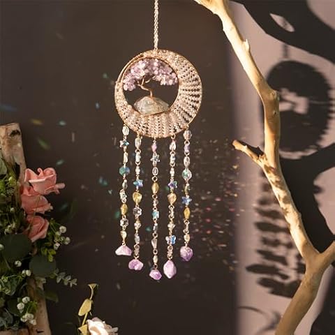 Crystal Suncatcher for Window Tree of Life Hanging Ornament 7 Chakra Stones Healing Crystal Sun Catcher Wind Chimes Rainbow Maker Handmade Home Decor Gift for Mom (Lilac) Cover
