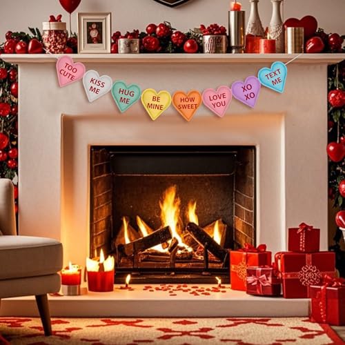 Image of Valentine's Day Heart Garland Felt Banner Decorations for Mantle Fireplace Room Valentine Hanging Decor
