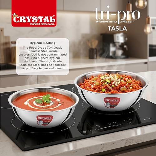Image of Crystal Tripro Triply Stainless Steel 2 Pcs Tasla Set | 20cm and 22cm Tasla Set | Less Oil Use for Health Cooking, Even Heat Distribution | Induction Bottom