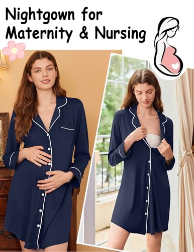 Image of Ekouaer Nightgowns for Women Long Sleeve Night Gown Button Pajama Dress