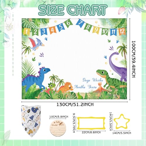 Image of Dinosaur Baby Monthly Milestone Blanket for Boys Girls Flannel Blanket Newborn Infant Swaddle Baby Growth Blanket Photography Background with Wooden Signs,Frames,Bib