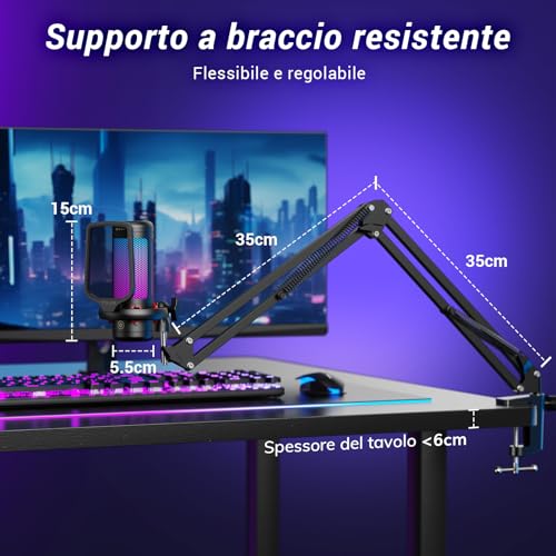Gaming Microfono, USB Mic con Supporto per Braccio, Micro a Condensatore Cardioide con RGB e Luminosità Regolabili, Mute Rapido, Controllo del Guadagno, per Streaming, Gaming TC310+ - Microfono streaming - Immagine 6