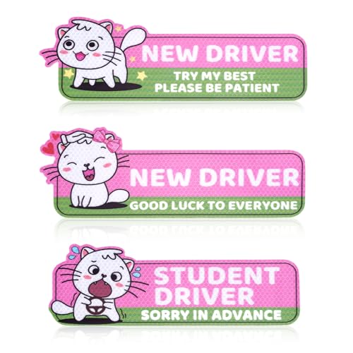 Image of 3pcs Magnetic Student Driver Stickers, Cat Novice Driver Magnet Adhesive Style Reflective New Driver Stickers Novice Driver Logo Gift for New Student Learner Driver Car Bumper Safety Sign