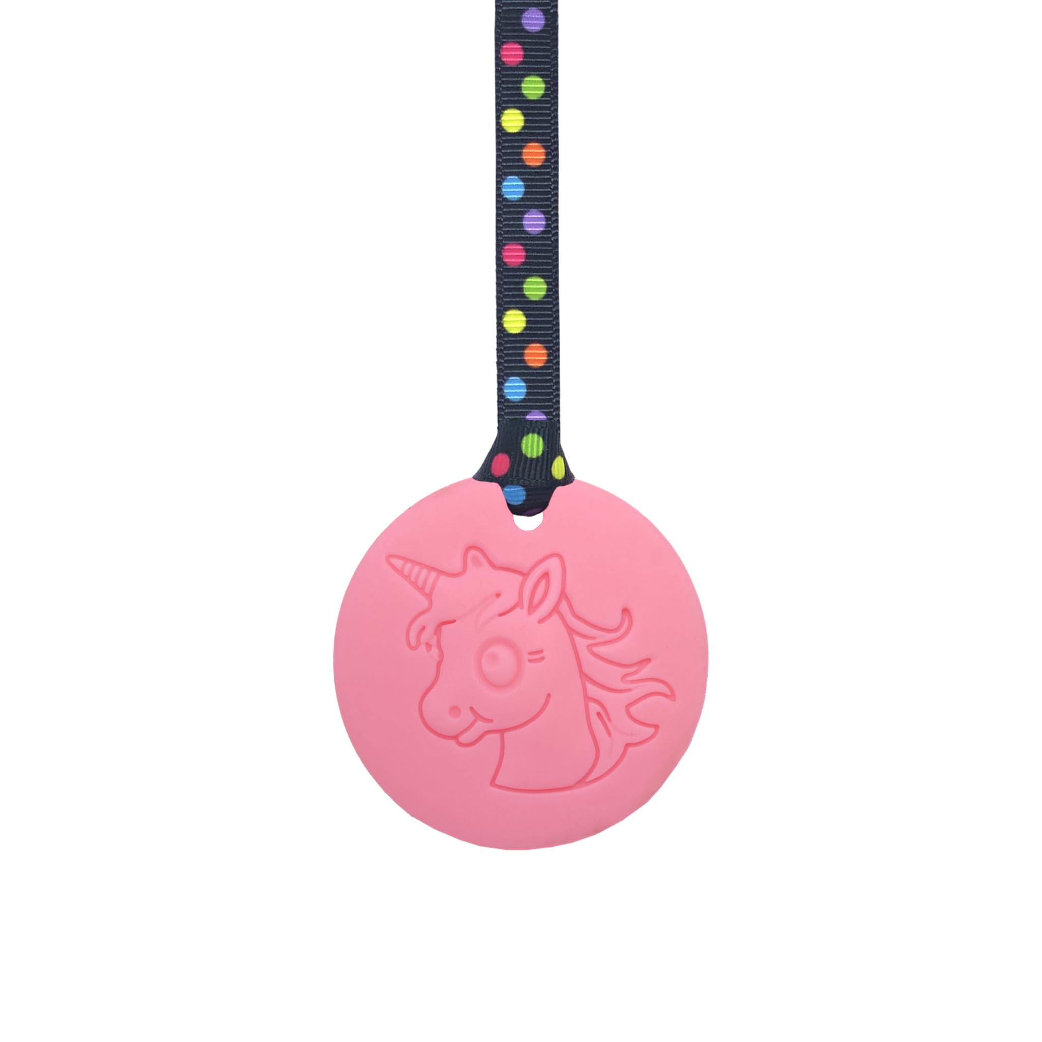 Unicorn Chew Necklace with Lanyard - Light Pink - Sensory Chew for Kids with Autism, Anxiety & ADHD – 100% Food Grade Silicone - Sensory Oojamabobs (8 Designs Available) (Black dots, 54cm Lanyard)
