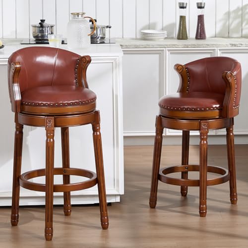 Butacos de barra CozyRain de madera de caucho, con tapizado en cuero genuino, giro de 360°, respaldo y reposapiés, para cocina, comedor y sala (juego de 2, color marrón, altura del asiento 29.5 pulgadas) miniatura 2