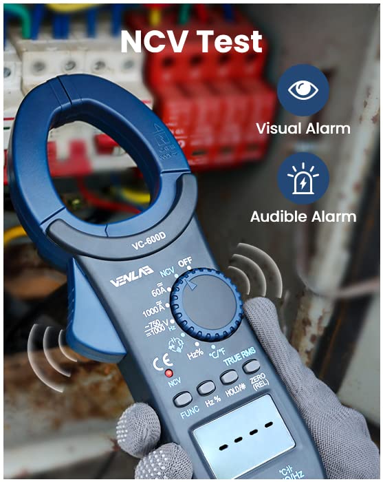 VENLAB Digital Clamp Meter 1000A T-RMS 6000 Counts AC/DC Current Multimeter, Voltage Tester with Auto-ranging Backlight, Measures Voltage Temperature Capacitance Resistance Frequency Continuity NCV