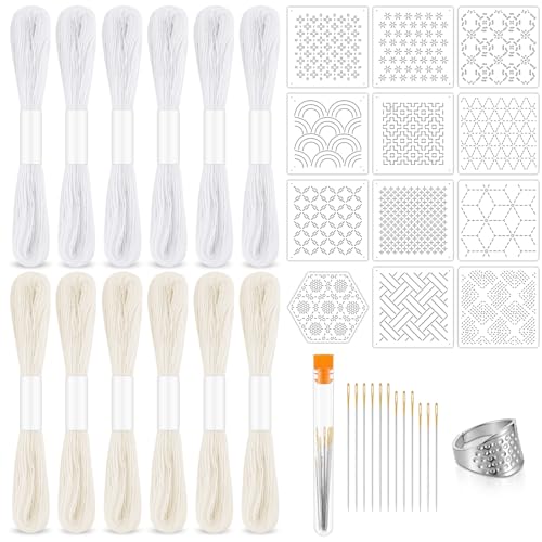 Image of 37 Pcs Sashiko Thread Kit Sashiko Needles Cotton Thimble Sashiko Patterns Embroidery Projects for Sewing Hand Quilting Mending Supplies (White)