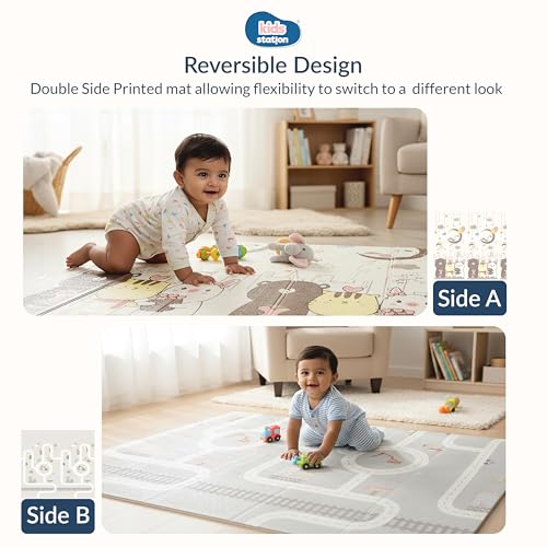 Image of Kids Station Double-Sided Waterproof Baby Playmat - Foldable, Portable & Reversible Foam Mat for Infants, Toddlers & Kids - Soft, Non-Slip, Easy-to-Clean Baby Crawling Mat for Indoor /Outdoor Use (200x150x0.6cm, Bear & Moon-Star Print)