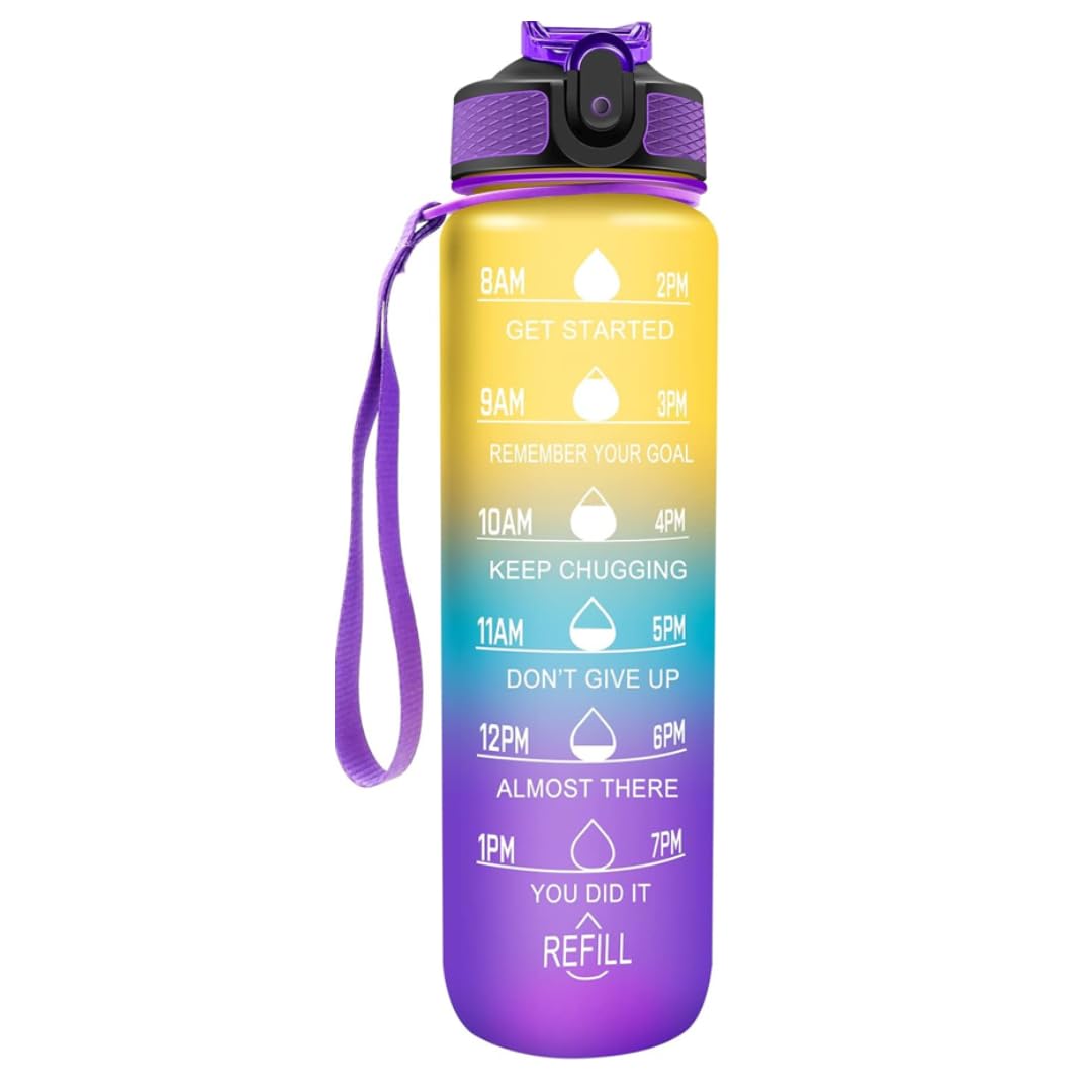 Spinegear Yellow Blue Purple 1Liter Water Bottle | Motivational Water Bottle With Time Marker & Straw | Bpa-Free Tritan Leakproof Design, One-Click Open For Hydration Goals (, 1 Litre) 32Oz