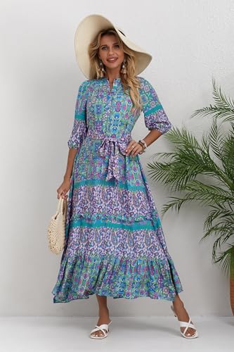 Image of Women Boho High-Waist Floral Print Maxi Dress 3 /4 Sleeve Casual | Soft Rayon, Breathable, Quick-Dry. High-Waist with Adjustable Belt, Flattering Hem. Ideal for Beach, Work & Dating.