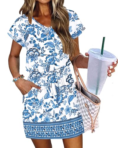 Image of AUSELILY Womens Summer Mini Dress, Short Sleeve V Neck Drawstring Casual | Soft smooth drape with an adjustable drawstring waist for beach, casual outings and daily wear
