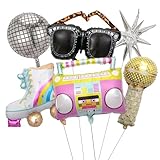 6PCS Disco Balloon，Roller Skate Balloons，Boom Box Balloon with Gold Microphone Balloons for 70s 80s 90s Party Decorations Retro Theme Hip Hop Birthday Party Decorations.