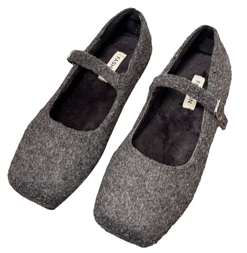 Solyinne Women's Mary Jane Flats with Strap,Faux Suede Black Flats Shoes Square Toe Comfort Classic Work Business Office Shoes