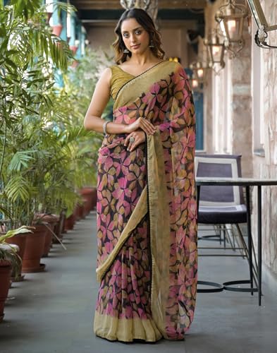 Image of SIRIL Women's Chiffon Printed Saree with Unstitched Blouse Piece
