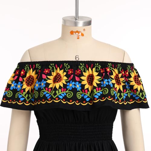 Mexican Dresses for Women Traditional Off Shoulder Summer Floral Sunflower Fiesta Long Maxi Dress Cinco de Mayo Outfit3
