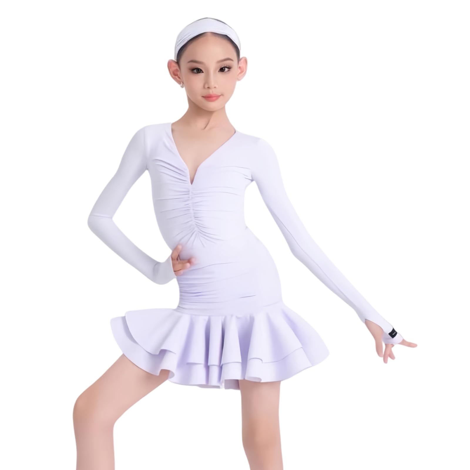 Completo Danza Latina Tre Pezzi per Ragazze Abbigliamento Ballo per Bambini | Top Da Danza A Maniche Lunghe Con Scollo A V E Gonna A Balze Per Cha Cha Samba Rumba E Tango
