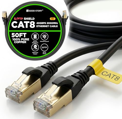 Image of Ethernet Cable 50 ft, Cat 8 Ethernet Cable with 40Gbps 2000Mhz High Speed Ethernet Cable, Shielded Heavy Duty SFTP RJ45 LAN Cable Patch Cord for Modem Router Gaming PC PS4 /5 /6 Xbox (GS50-CAT8-NY)