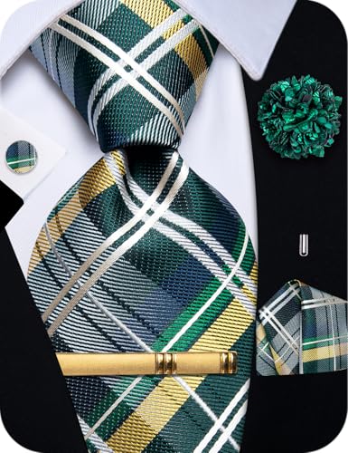 Image of YourTies Striped Plaid Ties for Men Silk Formal Necktie Set | 3.15 inch(8cm) Woven Jacquard Mens Ties with Necktie Pocket Square Cufflink Tie Clip Lapel Pin for Wedding Business Party