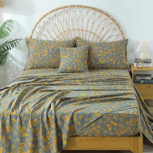 Image of FADFAY Butterfly Sheets Set King Vintage Yellow Grey Floral Bedding Shabby Farmhouse Bedding Super Soft Washed Double -Layer Muslin Sheets 100% Cotton Deep Pocket Fitted Sheet 4Pcs, King Size