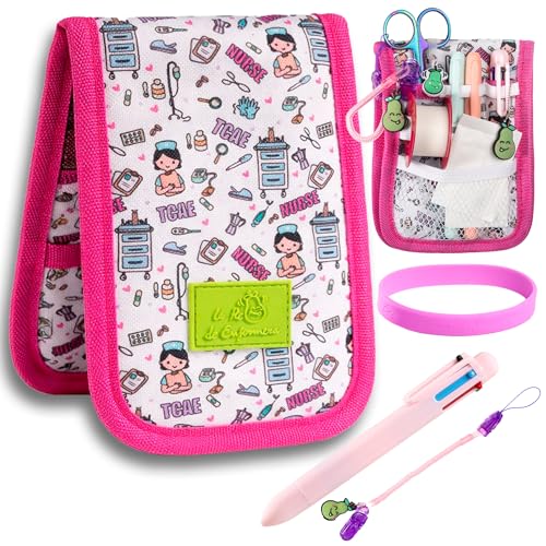 La Repera de Enfermera® Salvabolsillos Enfermeria + Porta Tijeras Enfermeria + Boligrafo 6 Colores + Pulsera | Organizador de bolsos | Accesorios Enfermera TCAE Veterinaria (WHITE/PINK)