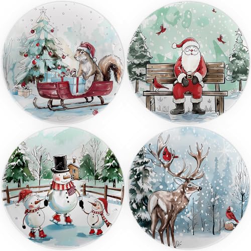 10" Christmas Melamine Plate Set – Dishwasher-Safe, Festive Round Plates with Santa, Snowman, Reindeer & Squirrel Watercolor Designs – Holiday Dinnerware for Table Decor & Parties (Set of 4)