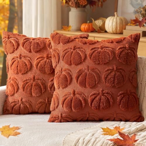 MIULEE 2er Set Kissenbezug Herbst Dekokissen Kissenhülle Sofakissen Wolle Kürbis Couchkissen Kuschelkissen für Halloween Thanksgiving Karamell 45x45CM