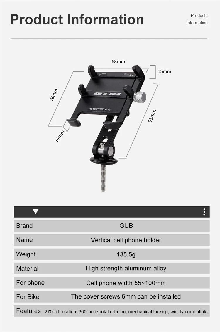 GUB G-95 Bicycle Stem Cellphone Mount Aluminum Alloy Handlebar Mobilephone Support Adjustable Bottom Bracket with Bottom Holder