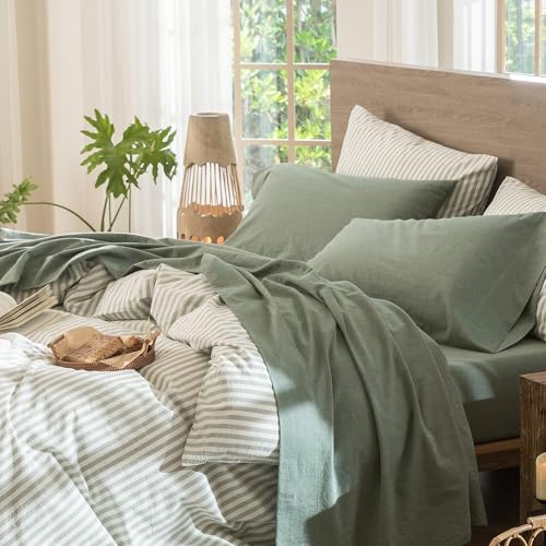 MooMee Bedding Sheet Set 100% Washed Cotton Linen Like Textured Breathable Durable Soft Comfy...
