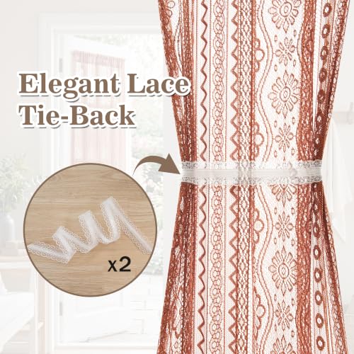 Image of MYSKY HOME Lace Boho French Door Curtains 72 inch Long 2 Panels Sheer Floral Curtains for Door Window Scalloped Doorway Sidelight Curtains Come with 2 Matching Tie-Backs, 26 inch W Each Panel, Terracotta