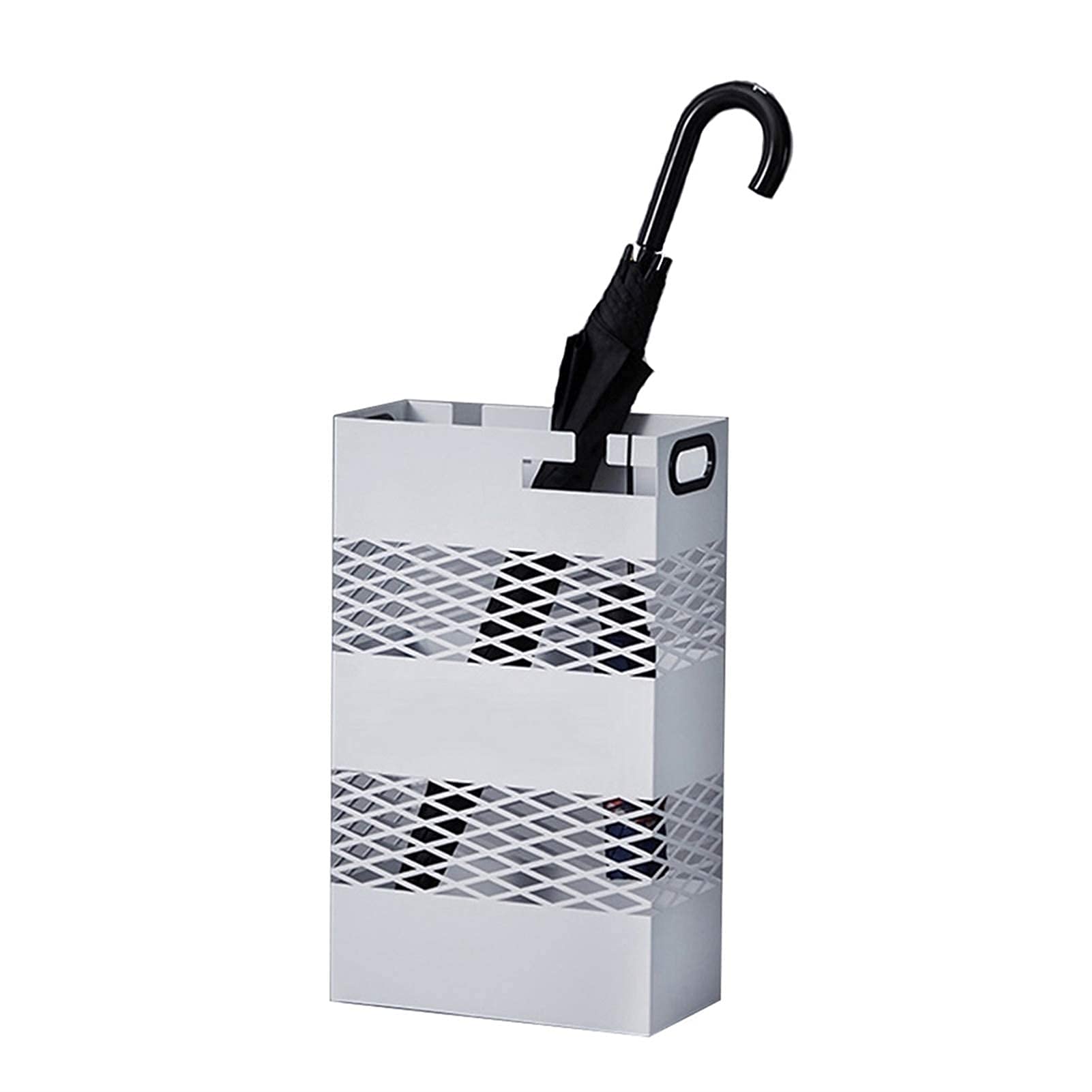 Porte-parapluie de grande capacité en métal blanc ajouré avec collecteur d'eau de pluie