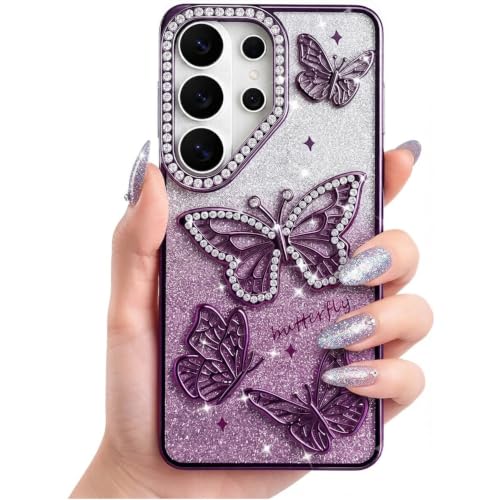 Image of Elzzi Electroplated Butterfly Phone Cover for Samsung S26 Ultra Case, Showcasing Pearlescent Diamond Soft TPU, Camera Protection, Shockproof, Dropresistant Stylish for Girls & Women (Purple)