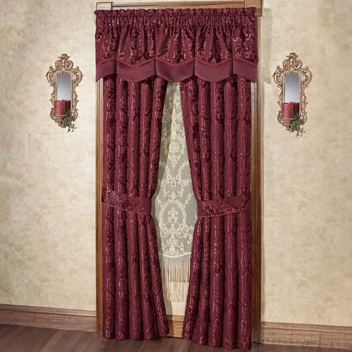Touch of Class Camelot Luxury Window Treatment | Robust Burgundy | Matte Satin Damask on Richly Textured Jacquard-Woven Chenille Design | Drapery Set Includes Scalloped Valance and 84L Curtain Pair