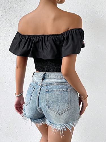 MakeMeChic Women's Floral Embroidered Off Shoulder Ruffle Trim Crop Top Blouse Shirt2