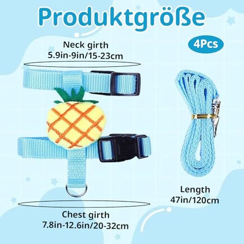 4 Stück Kaninchen Leine Hasenleine Geschirre & Halsbänder, Ananas Karotte Erdbeere Avocado Designs, Verstellbare Katzengeschirre für Erwachsene Haustiere, Robuste Hundeleine Alternative für Kaninchen