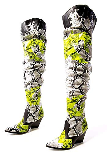 Cape Robbin Hilda Cowboy Boots Women, Over The Knee Western Cowgirl Boots With Chunky Block Heels, Neon Faux Snakeskin Booties - Black Size 10 #TOP1