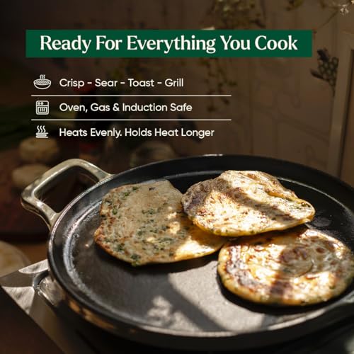 Image of Ember Cookware TitaniumClad Enamel Cast Iron Tawa for Dosa 30 cm | 10-Year Warranty | Rust-Proof Cast Iron Tawa for Roti & Dosa | Non Stick Dosa Tawa | Heavy Duty Induction Cookware | Sage