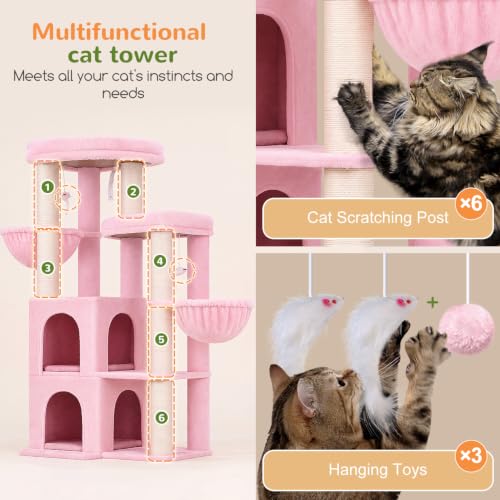 Image of Globlazer Cat Tree Tower for Indoor Cats, Sturdy Adult Cat Tree House for Large Adult Cats with 2 Platform, 6 Cat Scratching Post, 2 Cat Caves, Dangling Toys, S63, 63 inch, Pink