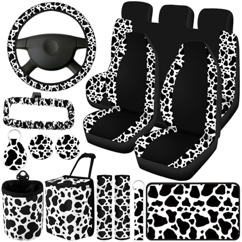 Datanly 16pcs Cow Print Car Seat Cover Full Set for Women Men Car Seat Accessories Protector Steering Wheel Armrest Pad Belt Pads Mirror Cover for Most Sedan SUV Van (White Black)