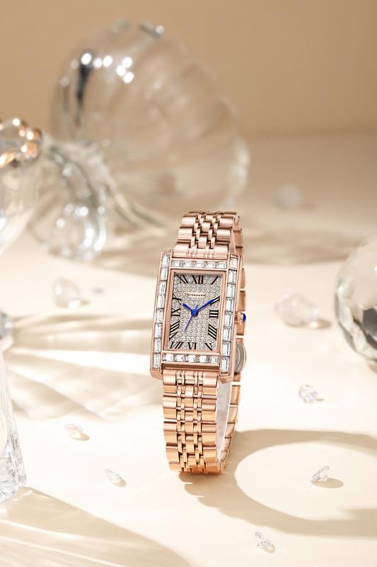 Image of Giordano Analog Quartz Watch for Women with Rectangular Dial, Crystal Studded Bezel, Roman Indices and Sparkling Dial, Leather & Stainless Steel Strap - GZ-60119
