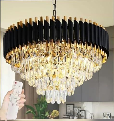 Image of Modern Ceiling Lamp 5-Tier Round Crystal Chandelier for Living Room | Bluetooth Remote Control and Moving Round| Speaker+ Multi Color LED Light (Remote Black Gold, 600MM)