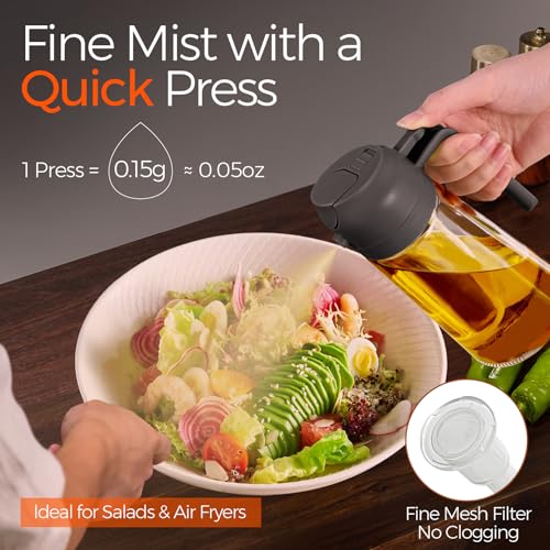 Image of YARRAMATE Oil Sprayer for Cooking, 2 in 1 Olive Oil Dispenser Bottle for Kitchen, 16oz /470ml Premium Glass Bottle, Food-grade Oil Mister for Air Fryer, Salad, Frying, BBQ (Grey)